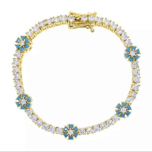 Turquoise Flower Tennis Bracelet - Goldplated